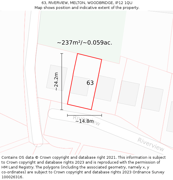 63, RIVERVIEW, MELTON, WOODBRIDGE, IP12 1QU: Plot and title map