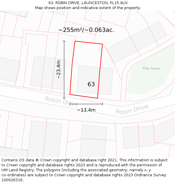63, ROBIN DRIVE, LAUNCESTON, PL15 9LN: Plot and title map