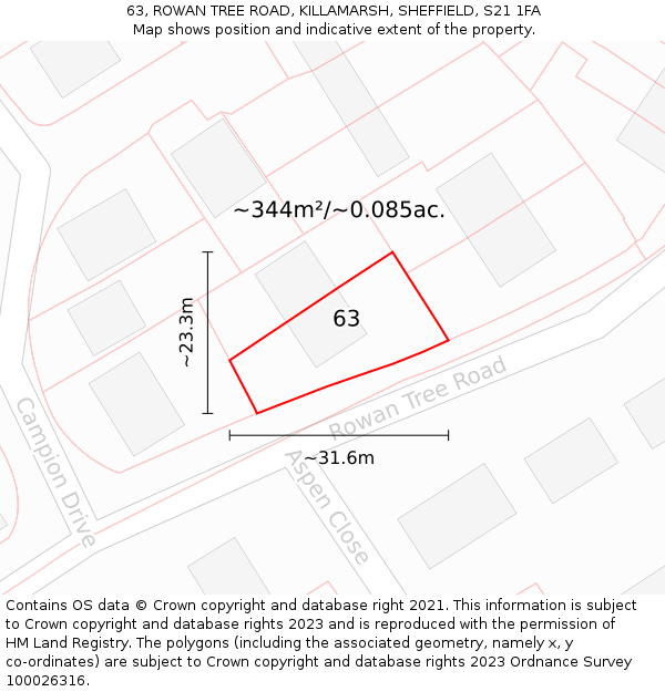 63, ROWAN TREE ROAD, KILLAMARSH, SHEFFIELD, S21 1FA: Plot and title map