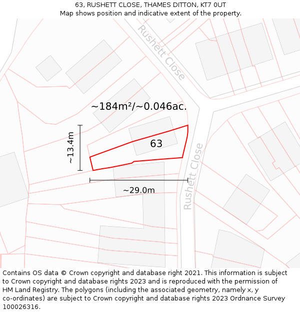 63, RUSHETT CLOSE, THAMES DITTON, KT7 0UT: Plot and title map