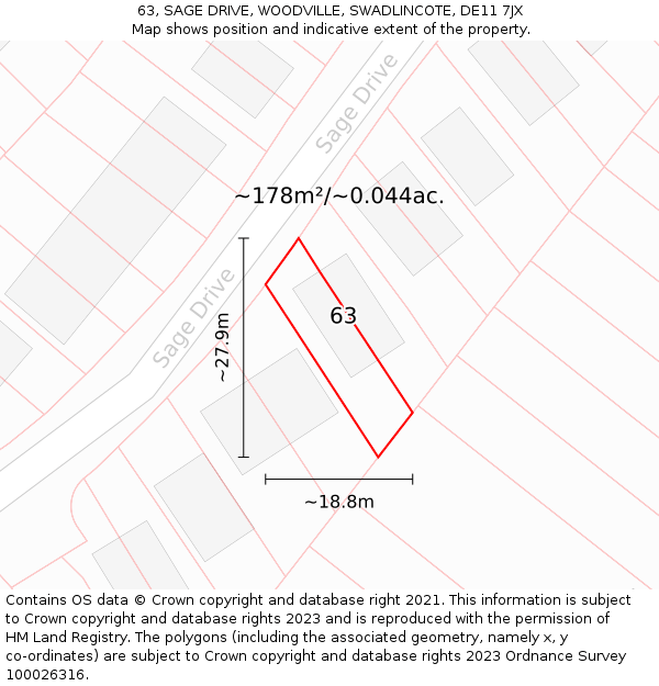 63, SAGE DRIVE, WOODVILLE, SWADLINCOTE, DE11 7JX: Plot and title map