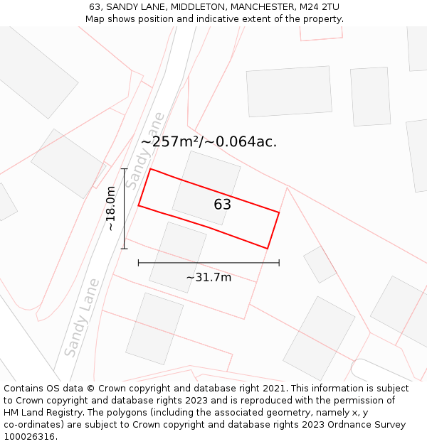 63, SANDY LANE, MIDDLETON, MANCHESTER, M24 2TU: Plot and title map