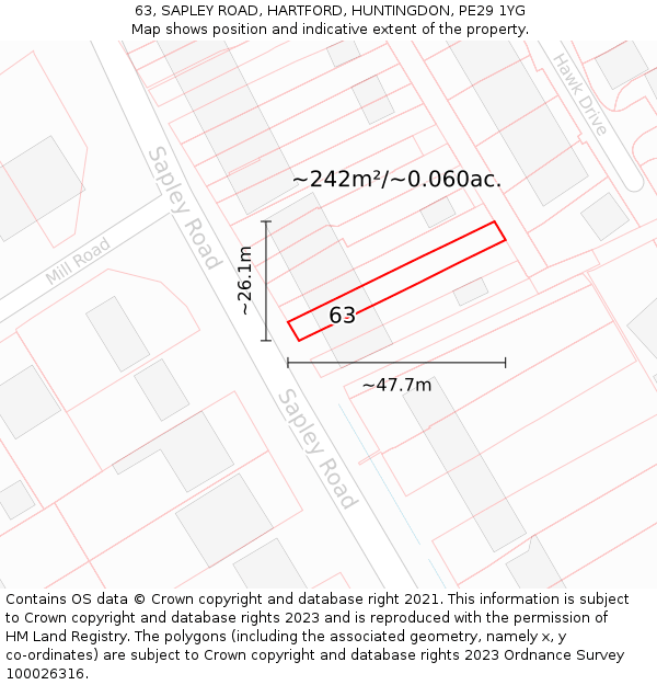 63, SAPLEY ROAD, HARTFORD, HUNTINGDON, PE29 1YG: Plot and title map