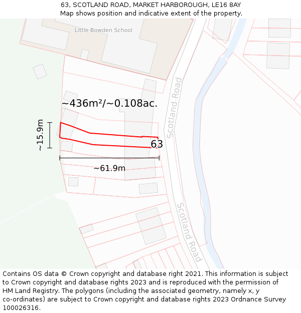 63, SCOTLAND ROAD, MARKET HARBOROUGH, LE16 8AY: Plot and title map