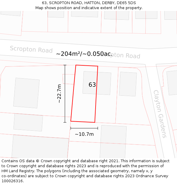 63, SCROPTON ROAD, HATTON, DERBY, DE65 5DS: Plot and title map