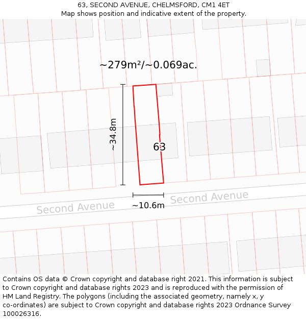 63, SECOND AVENUE, CHELMSFORD, CM1 4ET: Plot and title map