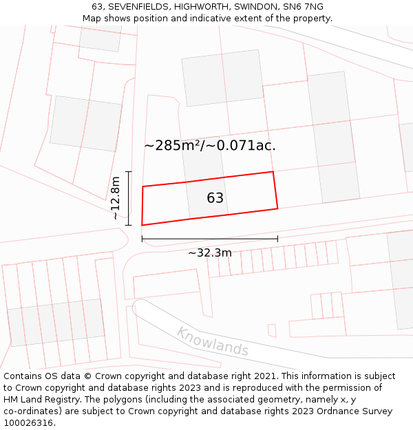 63, SEVENFIELDS, HIGHWORTH, SWINDON, SN6 7NG: Plot and title map