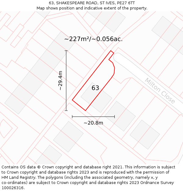 63, SHAKESPEARE ROAD, ST IVES, PE27 6TT: Plot and title map