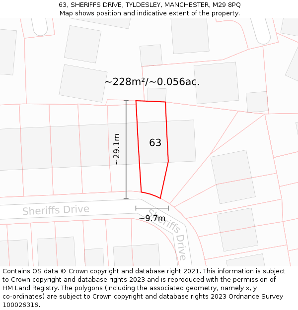 63, SHERIFFS DRIVE, TYLDESLEY, MANCHESTER, M29 8PQ: Plot and title map