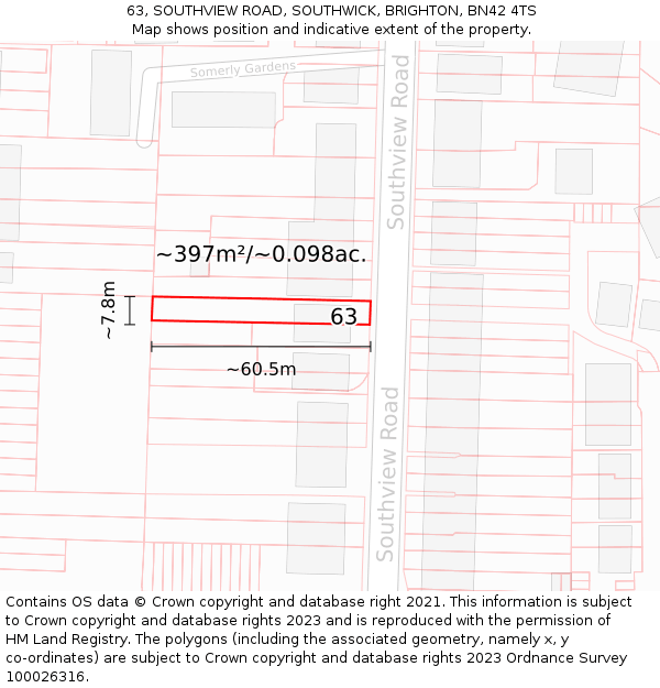 63, SOUTHVIEW ROAD, SOUTHWICK, BRIGHTON, BN42 4TS: Plot and title map