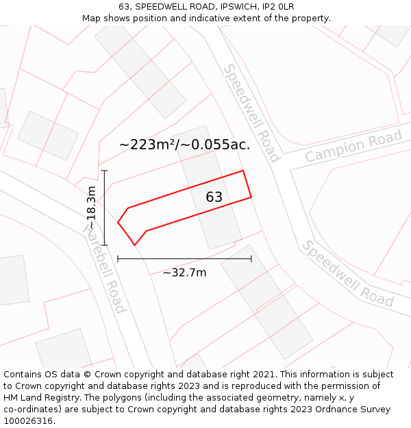 63, SPEEDWELL ROAD, IPSWICH, IP2 0LR: Plot and title map