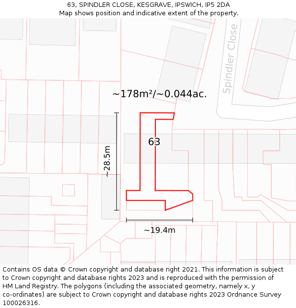 63, SPINDLER CLOSE, KESGRAVE, IPSWICH, IP5 2DA: Plot and title map