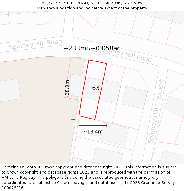 63, SPINNEY HILL ROAD, NORTHAMPTON, NN3 6DW: Plot and title map