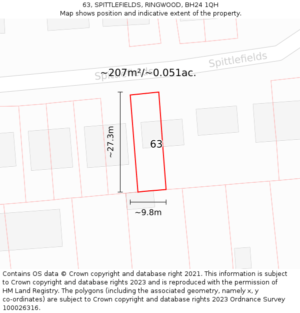 63, SPITTLEFIELDS, RINGWOOD, BH24 1QH: Plot and title map