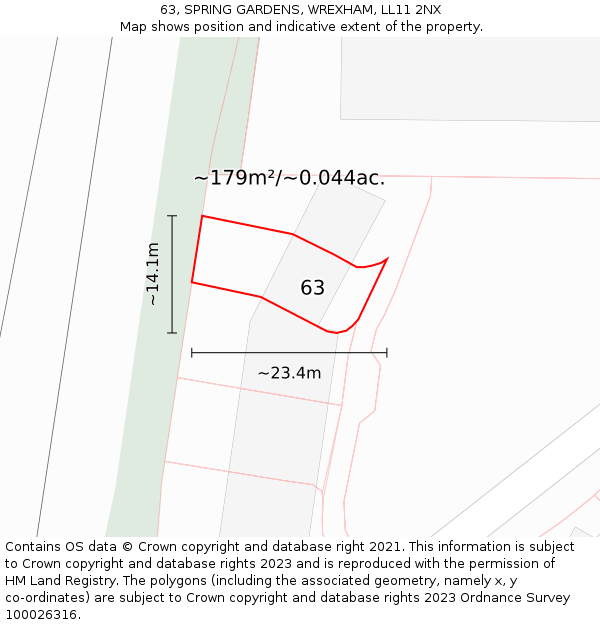 63, SPRING GARDENS, WREXHAM, LL11 2NX: Plot and title map