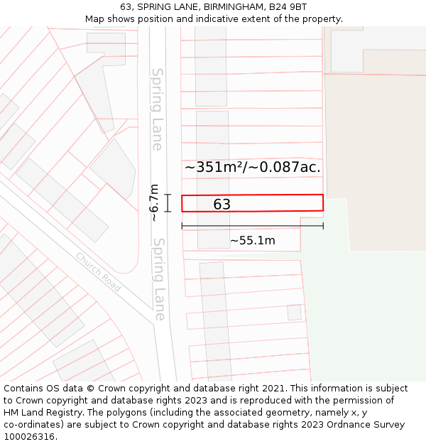 63, SPRING LANE, BIRMINGHAM, B24 9BT: Plot and title map