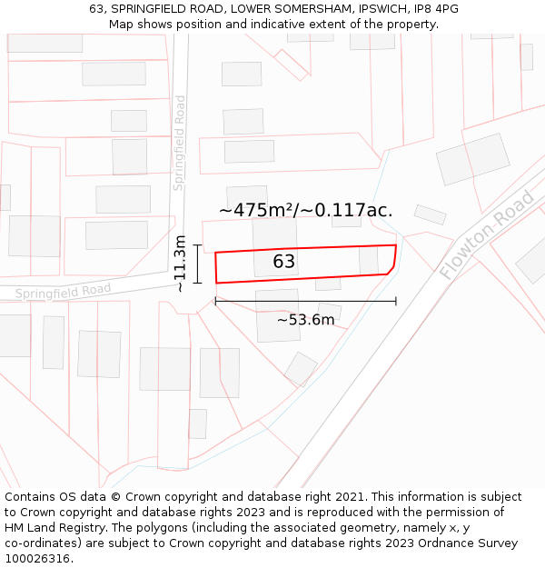 63, SPRINGFIELD ROAD, LOWER SOMERSHAM, IPSWICH, IP8 4PG: Plot and title map