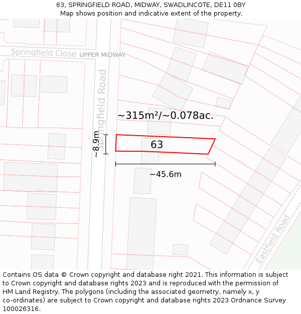 63, SPRINGFIELD ROAD, MIDWAY, SWADLINCOTE, DE11 0BY: Plot and title map