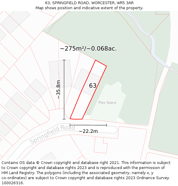 63, SPRINGFIELD ROAD, WORCESTER, WR5 3AR: Plot and title map