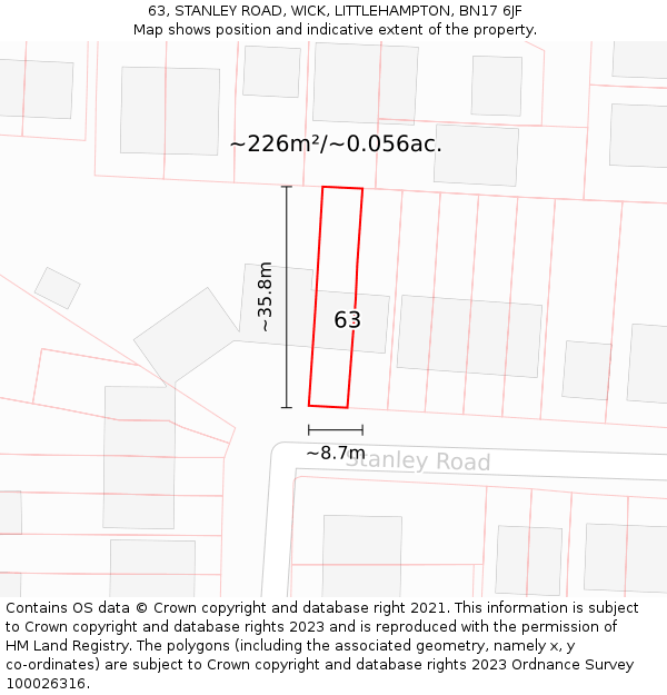63, STANLEY ROAD, WICK, LITTLEHAMPTON, BN17 6JF: Plot and title map
