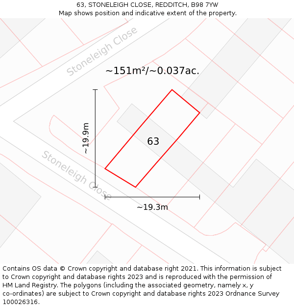 63, STONELEIGH CLOSE, REDDITCH, B98 7YW: Plot and title map