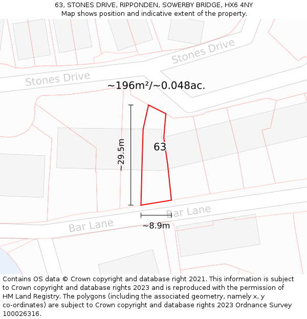 63, STONES DRIVE, RIPPONDEN, SOWERBY BRIDGE, HX6 4NY: Plot and title map