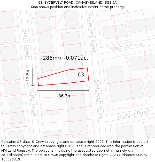 63, SYDERVELT ROAD, CANVEY ISLAND, SS8 9AJ: Plot and title map