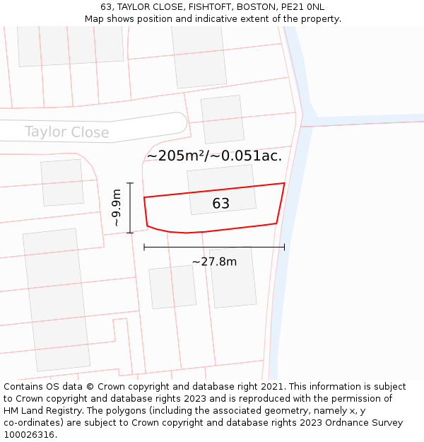 63, TAYLOR CLOSE, FISHTOFT, BOSTON, PE21 0NL: Plot and title map