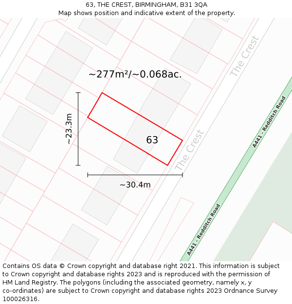 63, THE CREST, BIRMINGHAM, B31 3QA: Plot and title map