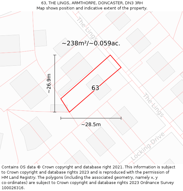 63, THE LINGS, ARMTHORPE, DONCASTER, DN3 3RH: Plot and title map