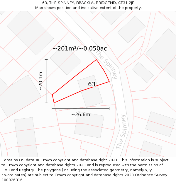 63, THE SPINNEY, BRACKLA, BRIDGEND, CF31 2JE: Plot and title map