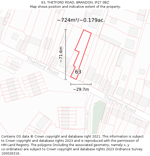 63, THETFORD ROAD, BRANDON, IP27 0BZ: Plot and title map