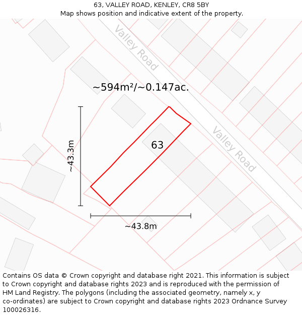 63, VALLEY ROAD, KENLEY, CR8 5BY: Plot and title map