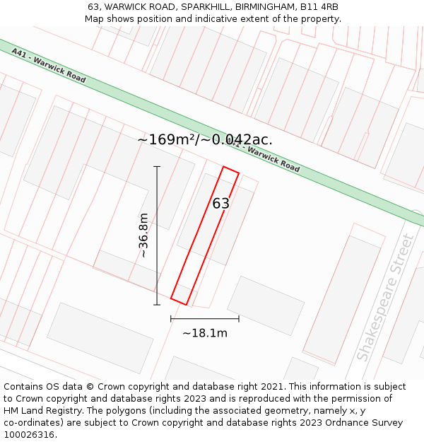 63, WARWICK ROAD, SPARKHILL, BIRMINGHAM, B11 4RB: Plot and title map