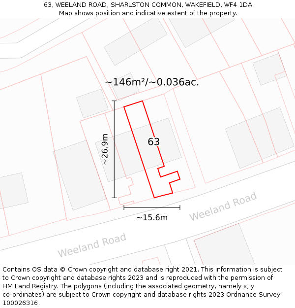 63, WEELAND ROAD, SHARLSTON COMMON, WAKEFIELD, WF4 1DA: Plot and title map