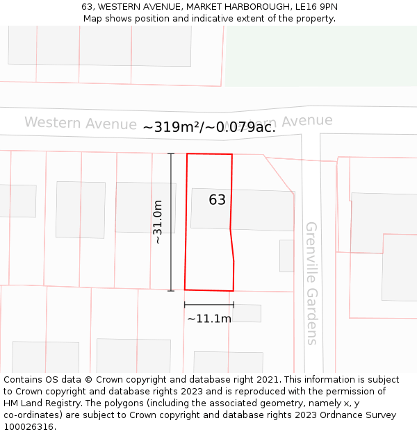 63, WESTERN AVENUE, MARKET HARBOROUGH, LE16 9PN: Plot and title map