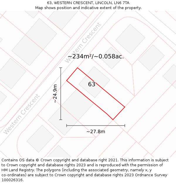63, WESTERN CRESCENT, LINCOLN, LN6 7TA: Plot and title map
