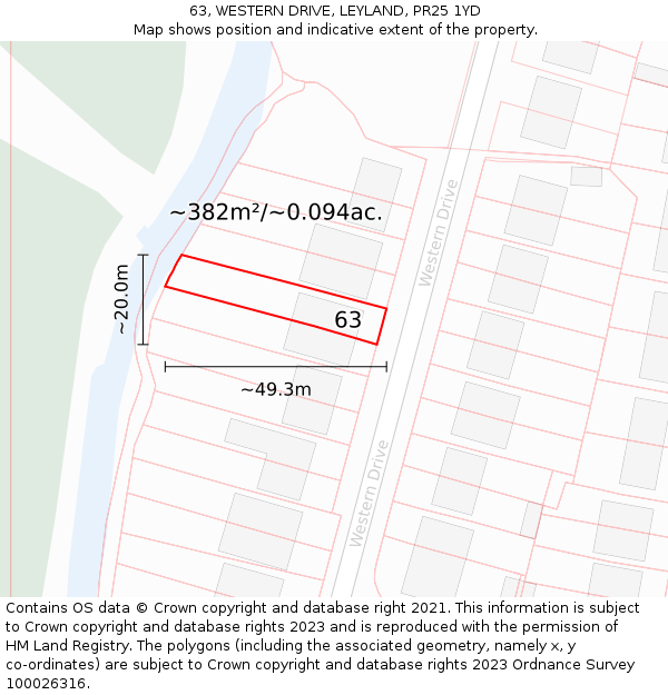 63, WESTERN DRIVE, LEYLAND, PR25 1YD: Plot and title map