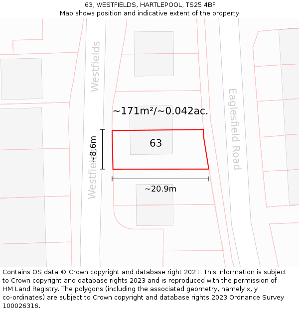 63, WESTFIELDS, HARTLEPOOL, TS25 4BF: Plot and title map