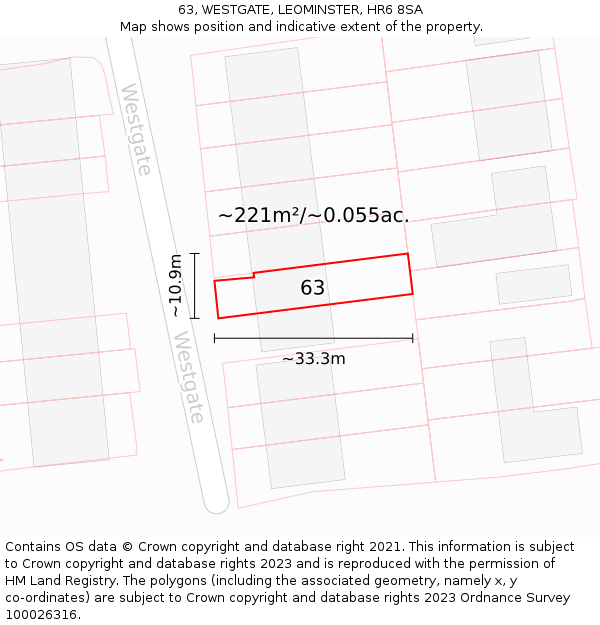 63, WESTGATE, LEOMINSTER, HR6 8SA: Plot and title map