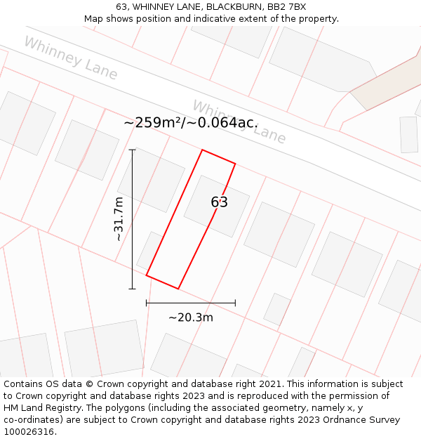 63, WHINNEY LANE, BLACKBURN, BB2 7BX: Plot and title map
