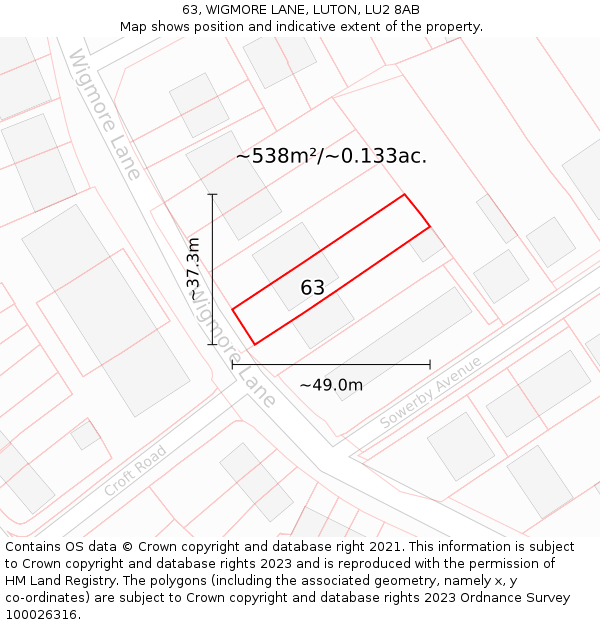 63, WIGMORE LANE, LUTON, LU2 8AB: Plot and title map