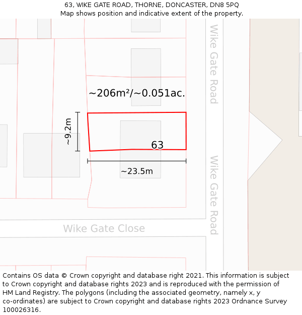 63, WIKE GATE ROAD, THORNE, DONCASTER, DN8 5PQ: Plot and title map