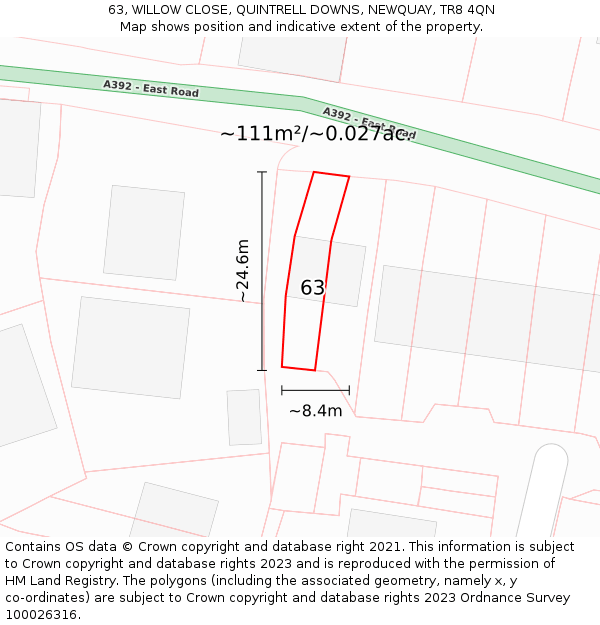 63, WILLOW CLOSE, QUINTRELL DOWNS, NEWQUAY, TR8 4QN: Plot and title map
