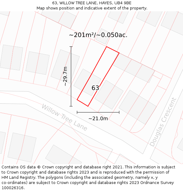 63, WILLOW TREE LANE, HAYES, UB4 9BE: Plot and title map