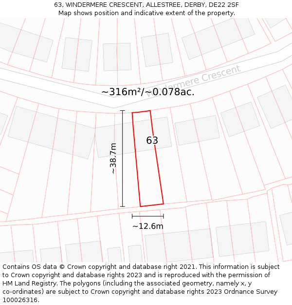 63, WINDERMERE CRESCENT, ALLESTREE, DERBY, DE22 2SF: Plot and title map