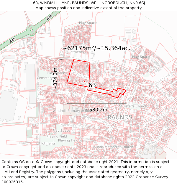 63, WINDMILL LANE, RAUNDS, WELLINGBOROUGH, NN9 6SJ: Plot and title map