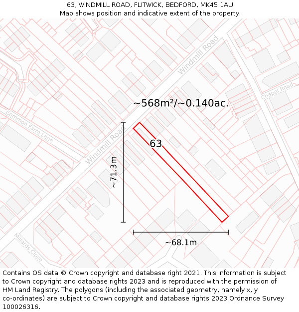 63, WINDMILL ROAD, FLITWICK, BEDFORD, MK45 1AU: Plot and title map