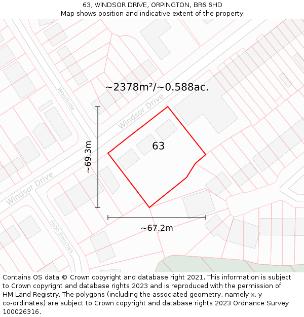 63, WINDSOR DRIVE, ORPINGTON, BR6 6HD: Plot and title map