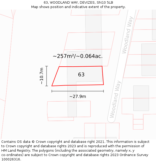 63, WOODLAND WAY, DEVIZES, SN10 5LB: Plot and title map